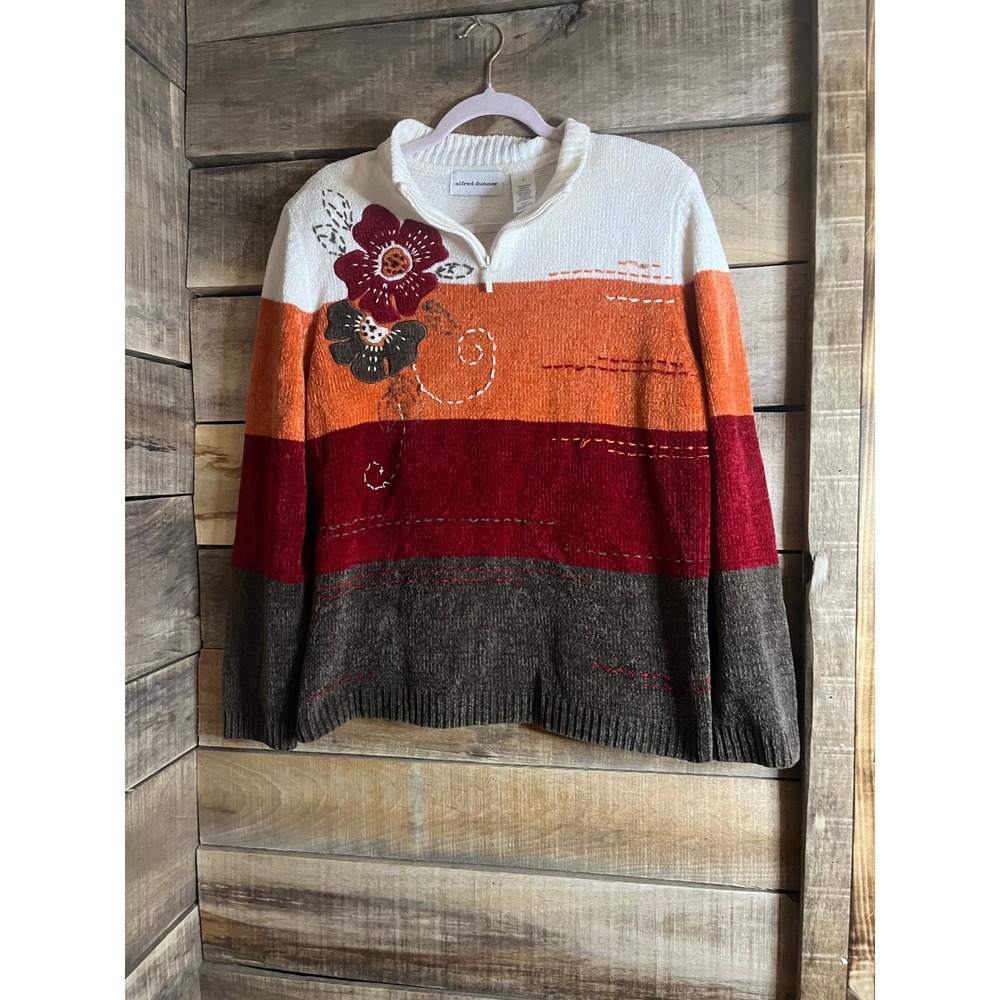 Alfred Dunner Womens Large Quarter Zip Colorblock Floral Chenille Sweater